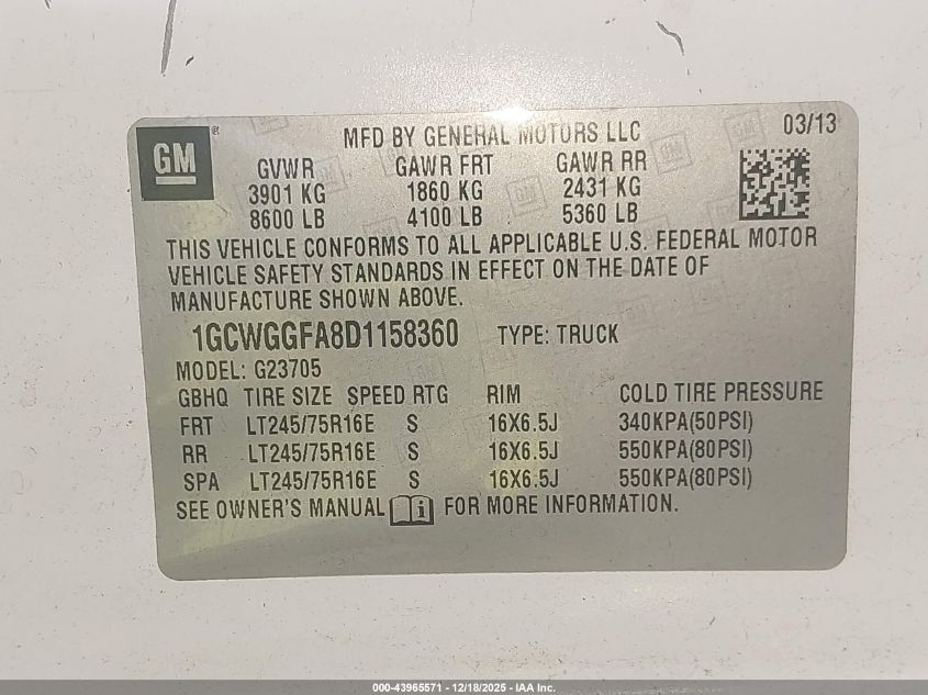 2013 Chevrolet Express 2500 Work Van VIN: 1GCWGGFA8D1158360 Lot: 43965571