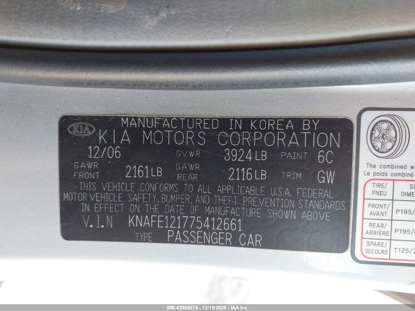 2007 Kia Spectra Ex VIN: KNAFE121775412661 Lot: 43965574
