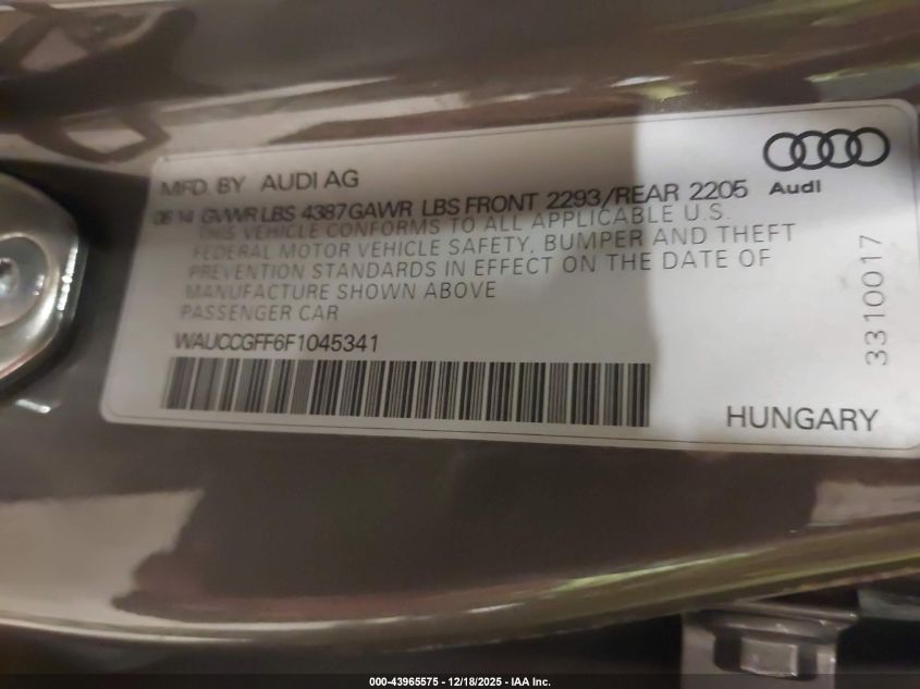 2015 Audi A3 1.8T Premium VIN: WAUCCGFF6F1045341 Lot: 43965575