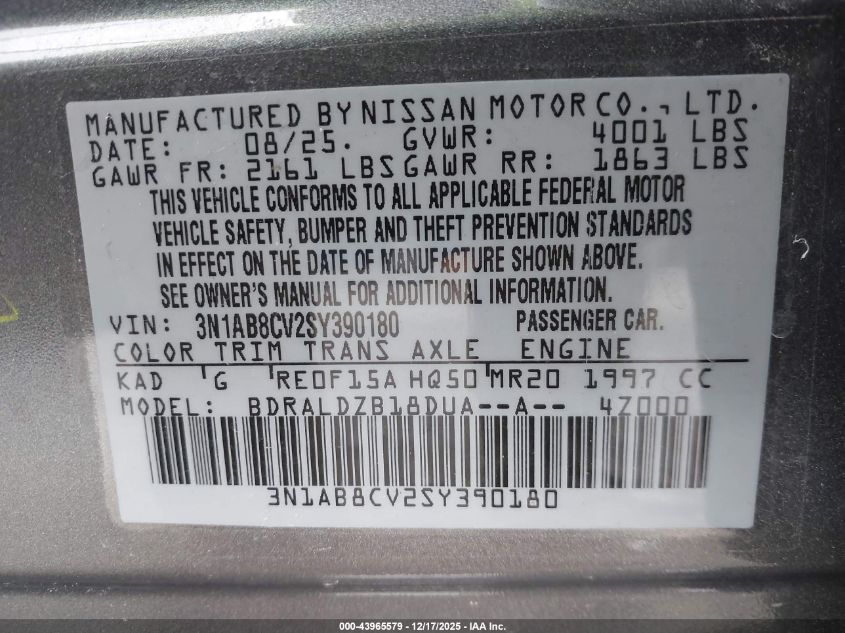 2025 Nissan Sentra Sv VIN: 3N1AB8CV2SY390180 Lot: 43965579