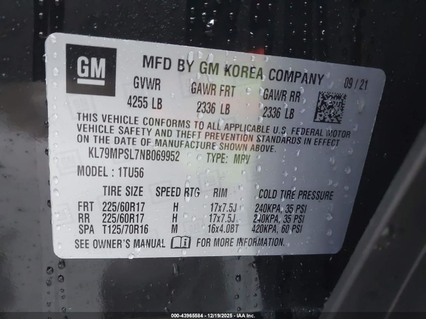 2022 Chevrolet Trailblazer Fwd Lt VIN: KL79MPSL7NB069952 Lot: 43965584