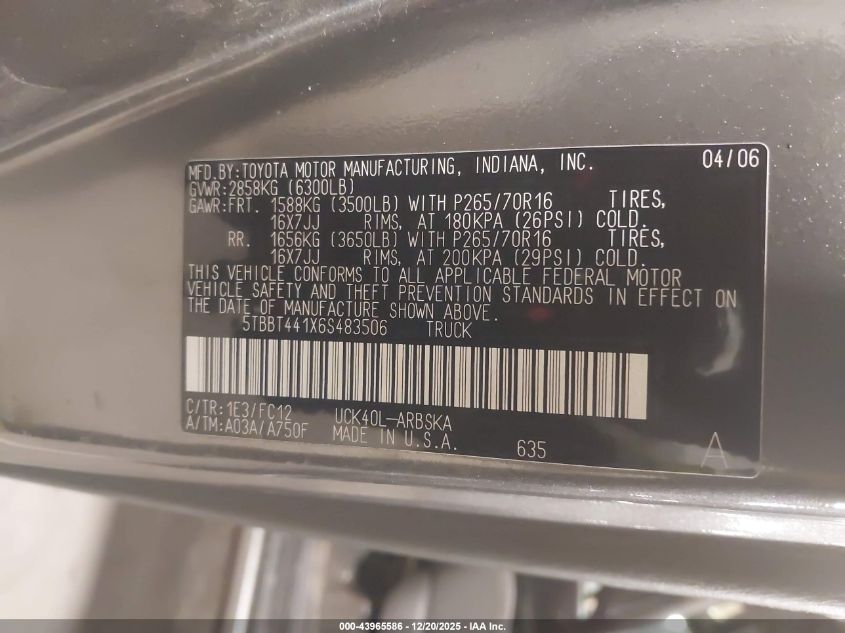 2006 Toyota Tundra Sr5 V8 VIN: 5TBBT441X6S483506 Lot: 43965586