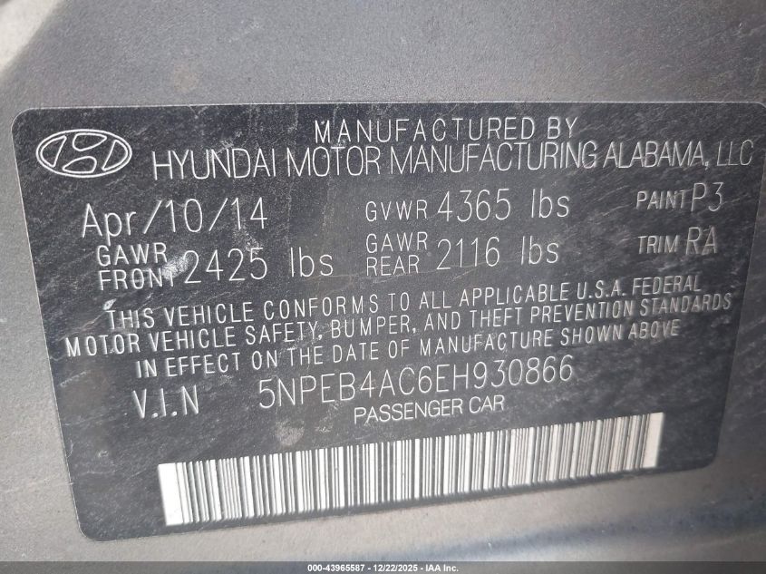 2014 Hyundai Sonata Gls VIN: 5NPEB4AC6EH930866 Lot: 43965587