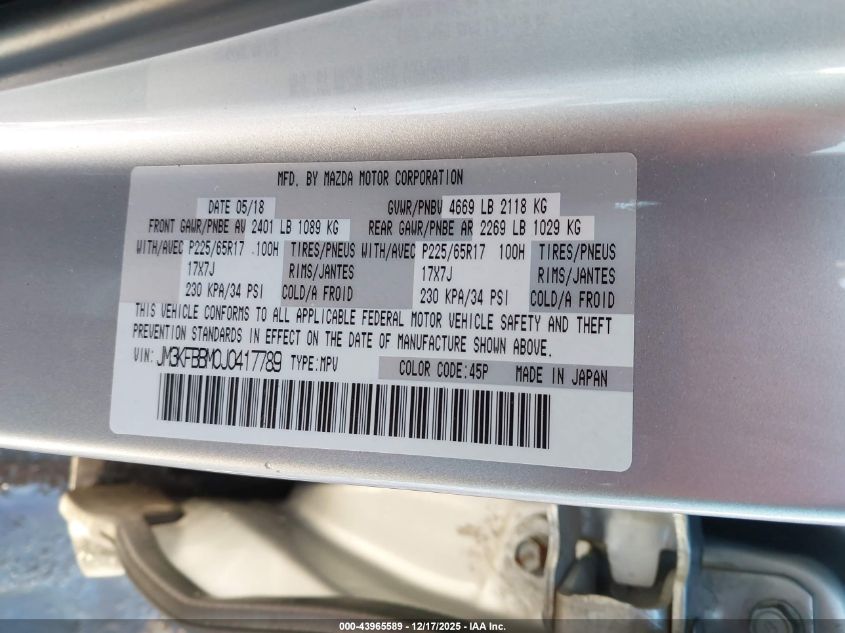 2018 Mazda Cx-5 Sport VIN: JM3KFBBM0J0417789 Lot: 43965589