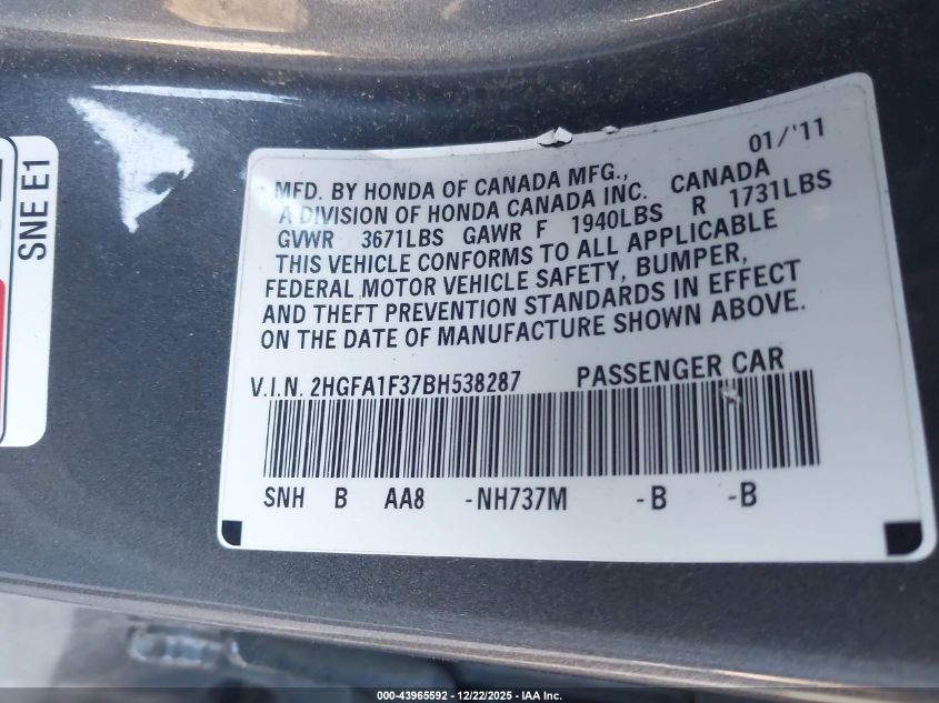 2011 Honda Civic Vp VIN: 2HGFA1F37BH538287 Lot: 43965592