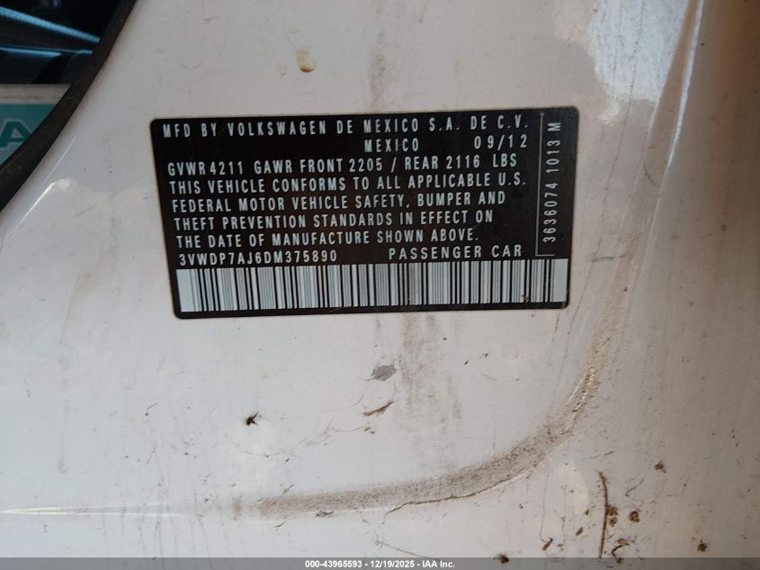 2013 Volkswagen Jetta 2.5L Se VIN: 3VWDP7AJ6DM375890 Lot: 43965593