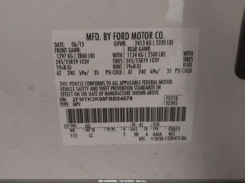 2015 Ford Edge Titanium VIN: 2FMTK3K98FBB54978 Lot: 43965596