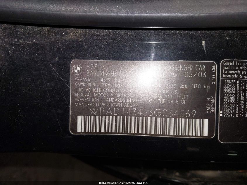 2003 BMW 525Ia VIN: WBADT43453G034569 Lot: 43965597