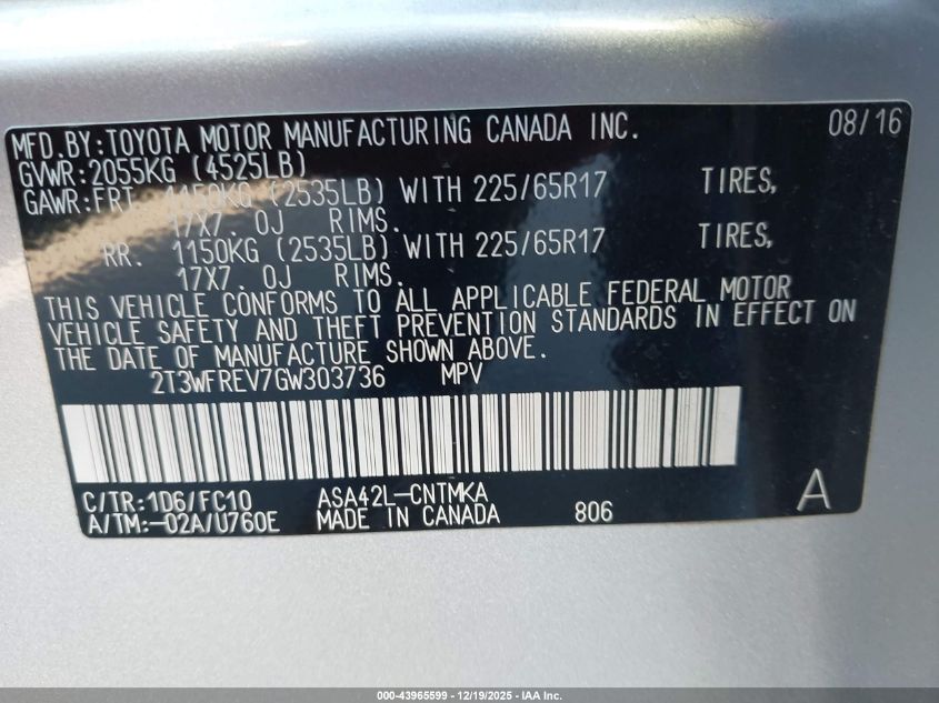 2016 Toyota Rav4 Xle VIN: 2T3WFREV7GW303736 Lot: 43965599