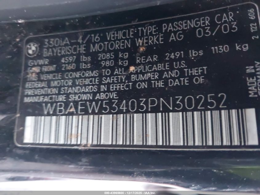 2003 BMW 330Xi VIN: WBAEW53403PN30252 Lot: 43965600