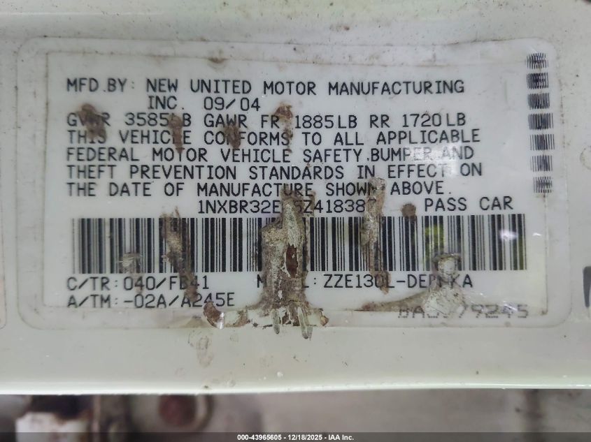 2005 Toyota Corolla Le VIN: 1NXBR32E65Z418387 Lot: 43965605