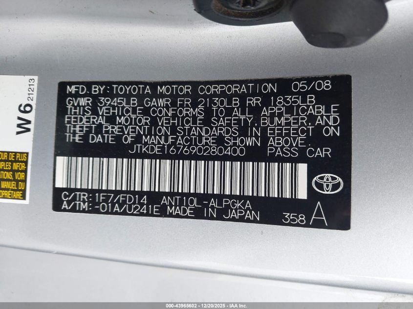 2009 Scion Tc VIN: JTKDE167690280400 Lot: 43965602