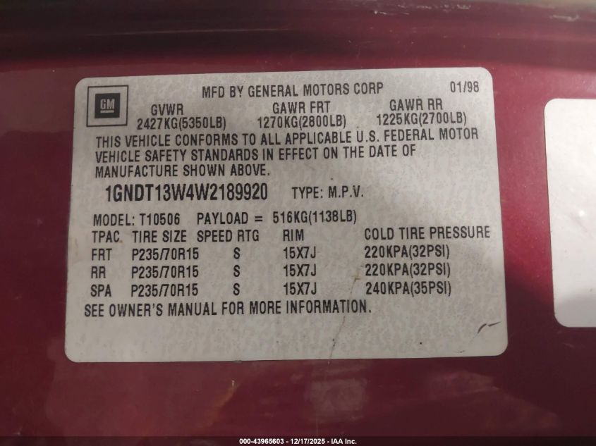 1998 Chevrolet Blazer Ls VIN: 1GNDT13W4W2189920 Lot: 43965603