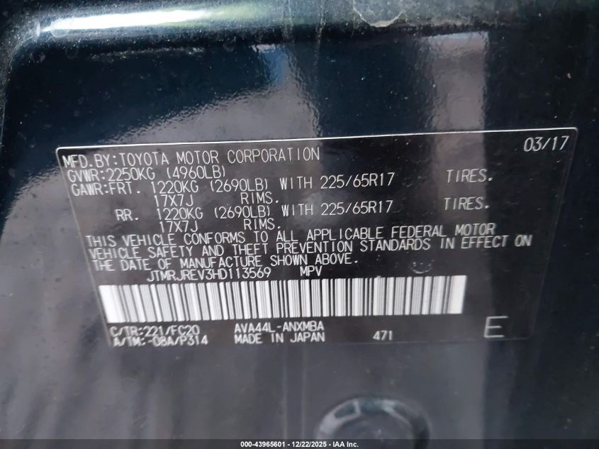 2017 Toyota Rav4 Hybrid Xle VIN: JTMRJREV3HD113569 Lot: 43965601