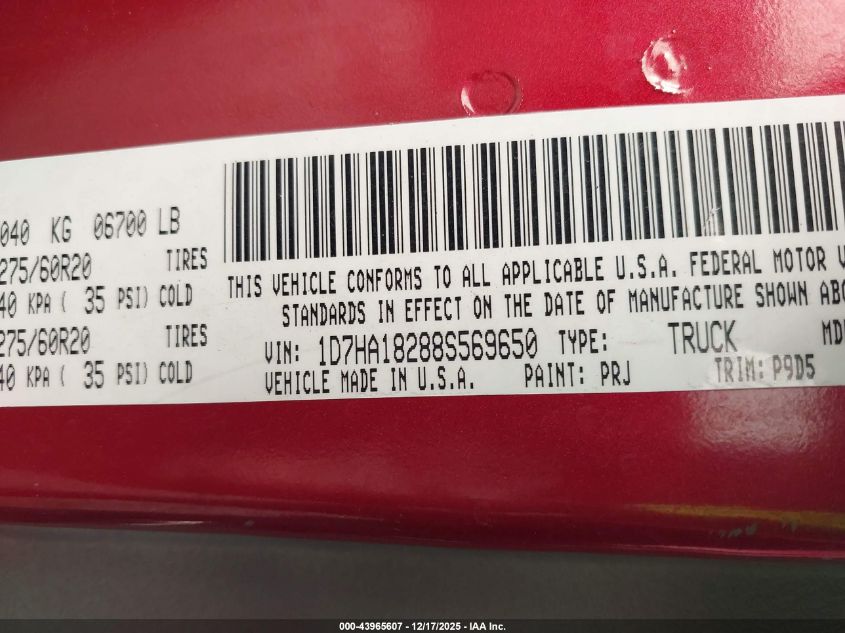 2008 Dodge Ram 1500 Slt VIN: 1D7HA18288S569650 Lot: 43965607