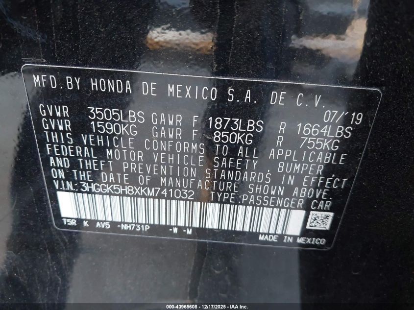 2019 Honda Fit Ex VIN: 3HGGK5H8XKM741032 Lot: 43965608