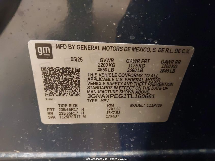 2026 Chevrolet Equinox Awd Lt VIN: 3GNAXPEG1TL160661 Lot: 43965609