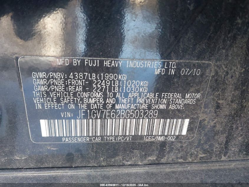 2011 Subaru Impreza Wrx VIN: JF1GV7E62BG503289 Lot: 43965611