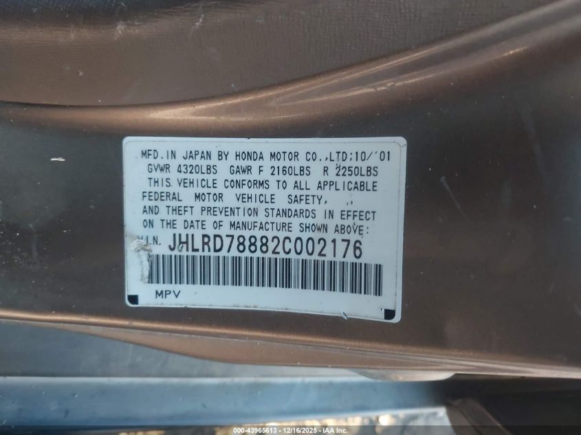 2002 Honda Cr-V Ex VIN: JHLRD78882C002176 Lot: 43965613