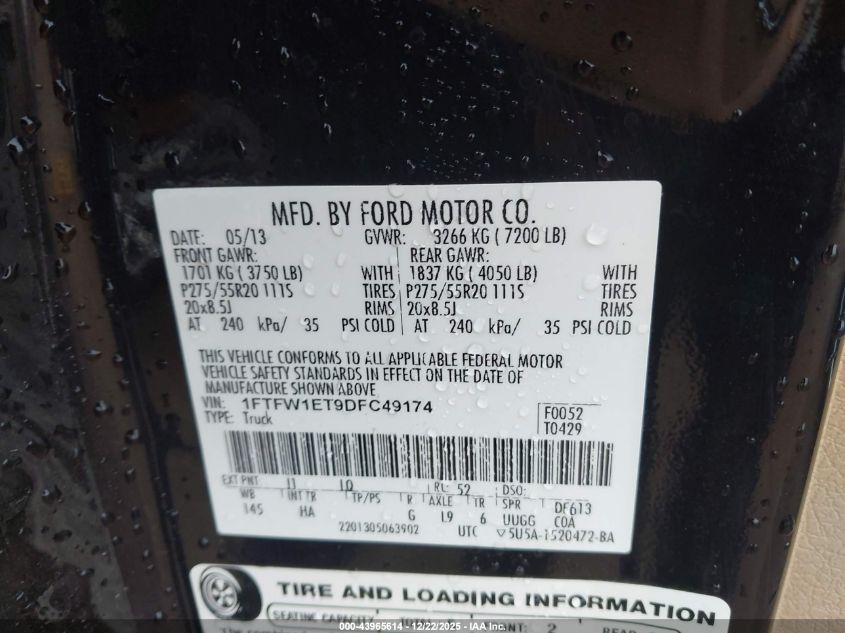 2013 Ford F-150 Lariat VIN: 1FTFW1ET9DFC49174 Lot: 43965614