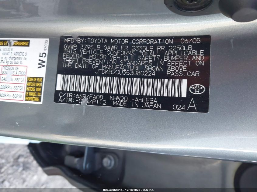 2005 Toyota Prius VIN: JTDKB20U353080224 Lot: 43965615