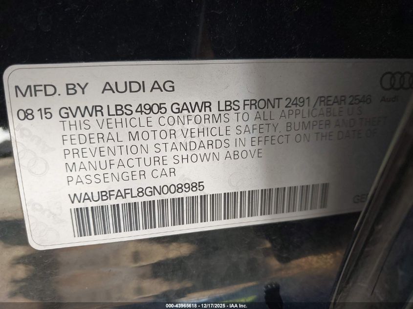 2016 Audi A4 2.0T Premium VIN: WAUBFAFL8GN008985 Lot: 43965618