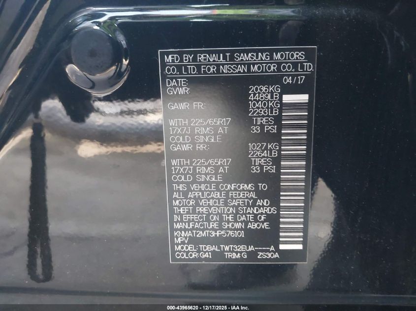 2017 Nissan Rogue Sv VIN: KNMAT2MT3HP576101 Lot: 43965620