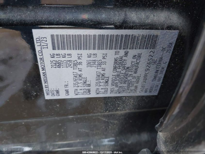 2023 Nissan Rogue S Intelligent Awd VIN: 5N1BT3AB4PC926522 Lot: 43965622