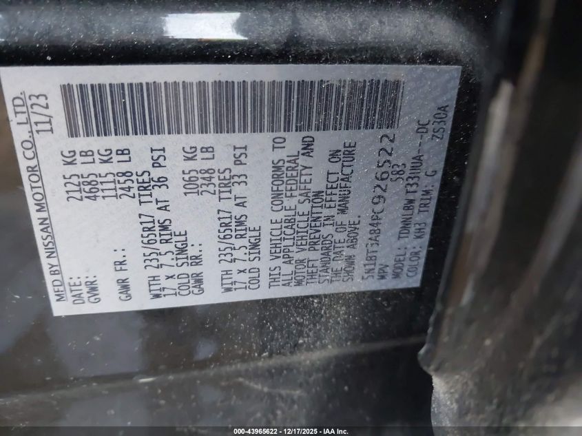 2023 Nissan Rogue S Intelligent Awd VIN: 5N1BT3AB4PC926522 Lot: 43965622