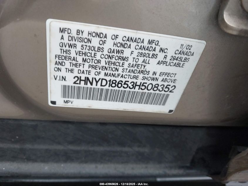 2003 Acura Mdx VIN: 2HNYD18653H508352 Lot: 43965626