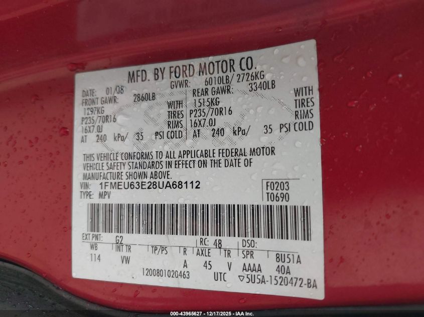 2008 Ford Explorer Xlt VIN: 1FMEU63E28UA68112 Lot: 43965627