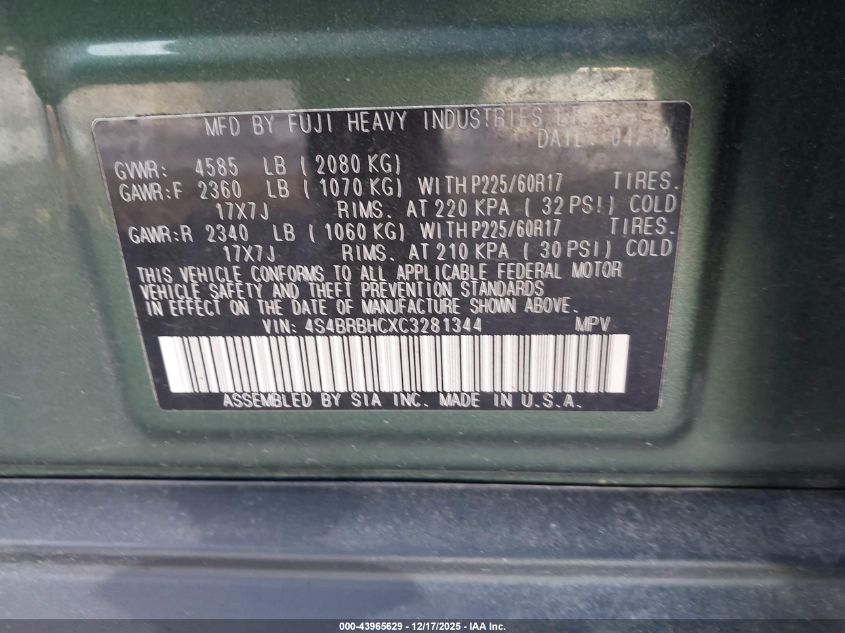 2012 Subaru Outback 2.5I Premium VIN: 4S4BRBHCXC3281344 Lot: 43965629