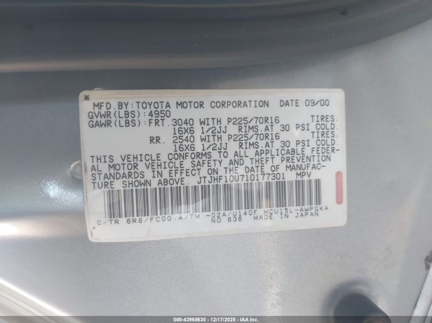 2001 Lexus Rx 300 VIN: JTJHF10U710177301 Lot: 43965630