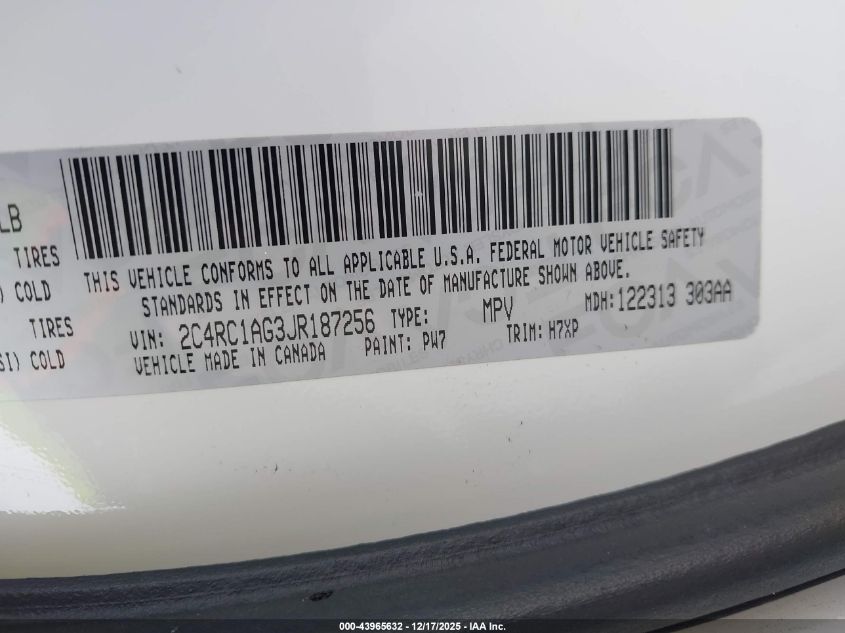 2018 Chrysler Pacifica L VIN: 2C4RC1AG3JR187256 Lot: 43965632