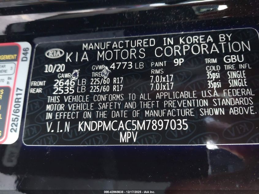 2021 Kia Sportage Lx VIN: KNDPMCAC5M7897035 Lot: 43965638