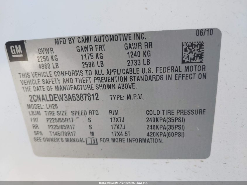 2010 Chevrolet Equinox Lt VIN: 2CNALDEW3A6387812 Lot: 43965639