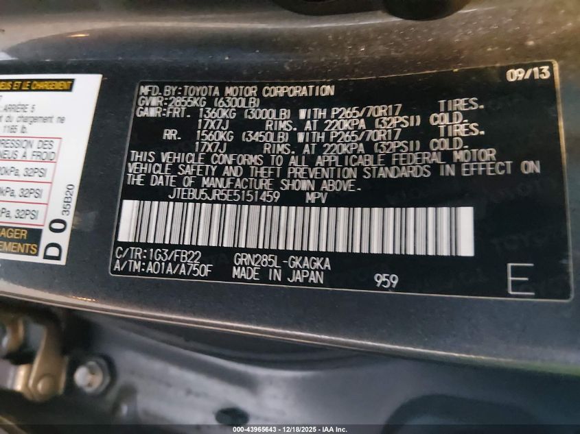 2014 Toyota 4Runner Sr5 VIN: JTEBU5JR5E5151459 Lot: 43965643