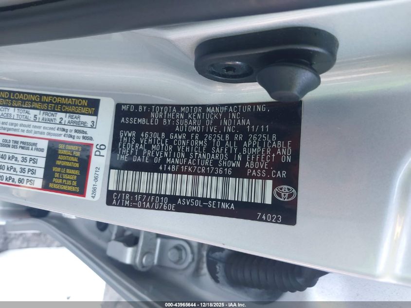 2012 Toyota Camry Le VIN: 4T4BF1FK7CR173616 Lot: 43965644