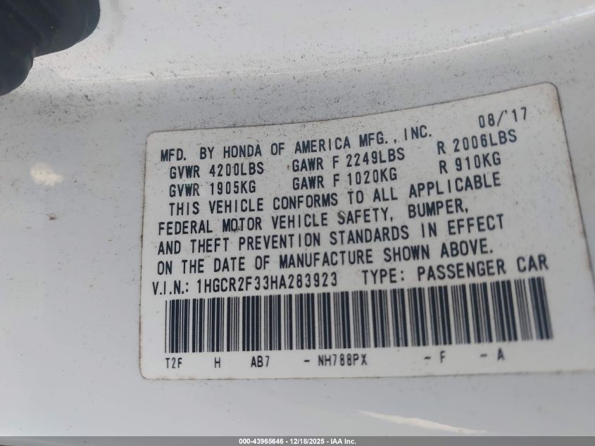2017 Honda Accord Lx VIN: 1HGCR2F33HA283923 Lot: 43965646