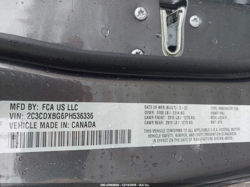 2023 Dodge Charger Sxt VIN: 2C3CDXBG6PH536336 Lot: 43965650