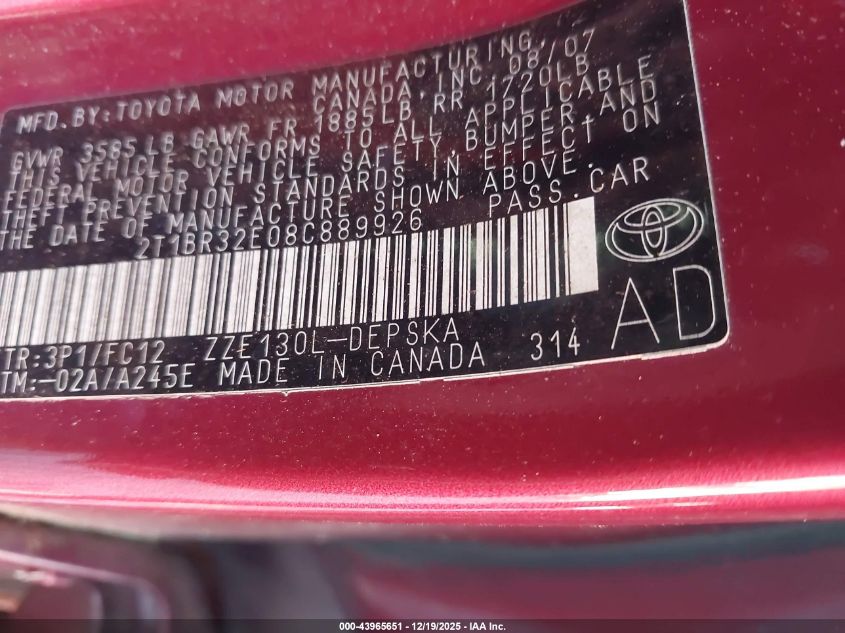 2008 Toyota Corolla S VIN: 2T1BR32E08C889926 Lot: 43965651