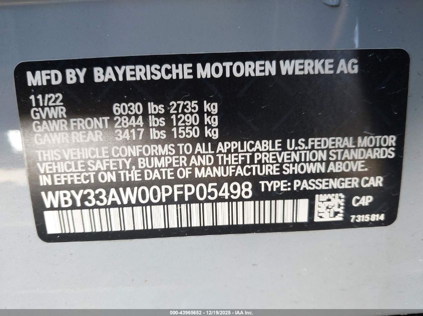2023 BMW I4 M50 VIN: WBY33AW00PFP05498 Lot: 43965652