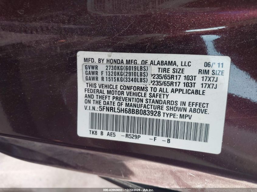 2011 Honda Odyssey Ex-L VIN: 5FNRL5H68BB083928 Lot: 43965653