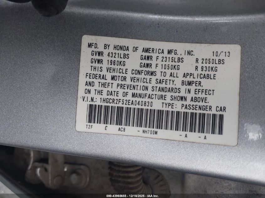 2014 Honda Accord Sport VIN: 1HGCR2F52EA040830 Lot: 43965655