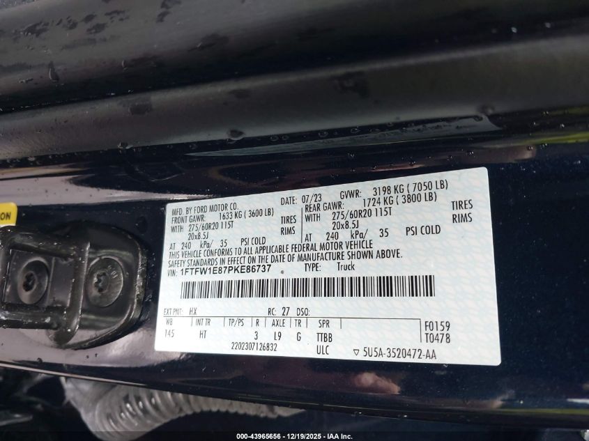 2023 Ford F-150 Lariat VIN: 1FTFW1E87PKE86737 Lot: 43965656