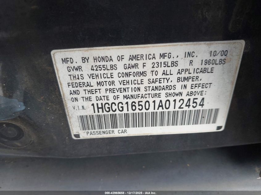 2001 Honda Accord 3.0 Ex VIN: 1HGCG16501A012454 Lot: 43965658