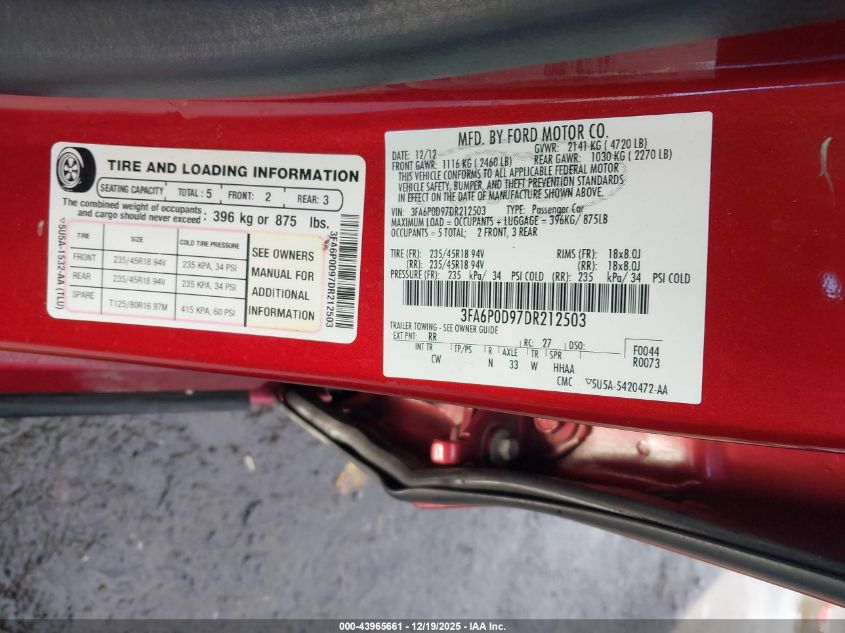 2013 Ford Fusion Titanium VIN: 3FA6P0D97DR212503 Lot: 43965661