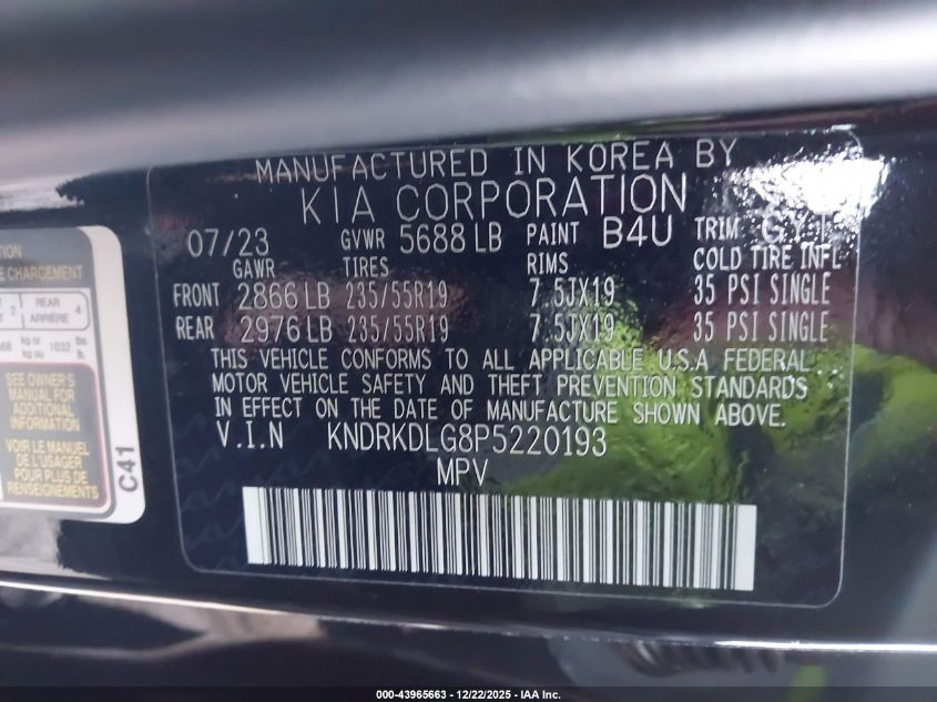 2023 Kia Sorento Hybrid Sx Prestige VIN: KNDRKDLG8P5220193 Lot: 43965663