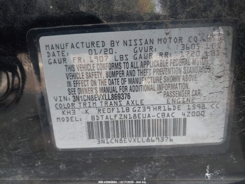 2020 Nissan Versa Sv Xtronic Cvt VIN: 3N1CN8EVXLL869376 Lot: 43965664