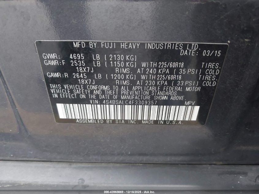 2015 Subaru Outback 2.5I Limited VIN: 4S4BSALC4F3309357 Lot: 43965669